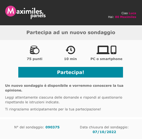 sondaggio tipo ricevuto via mail su Maximiles