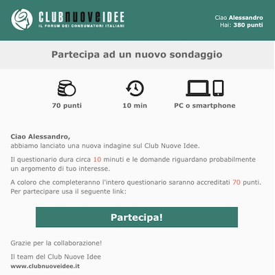 Club Nuove Idee - Guadagno con Sondaggi: la nostra esperienza 5 Club Nuove Idee invito sondaggi pagati